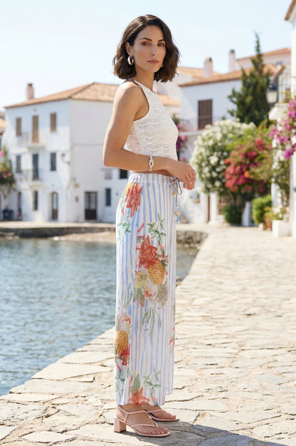 White Crochet Crop Top and Printed Flared Pants Set