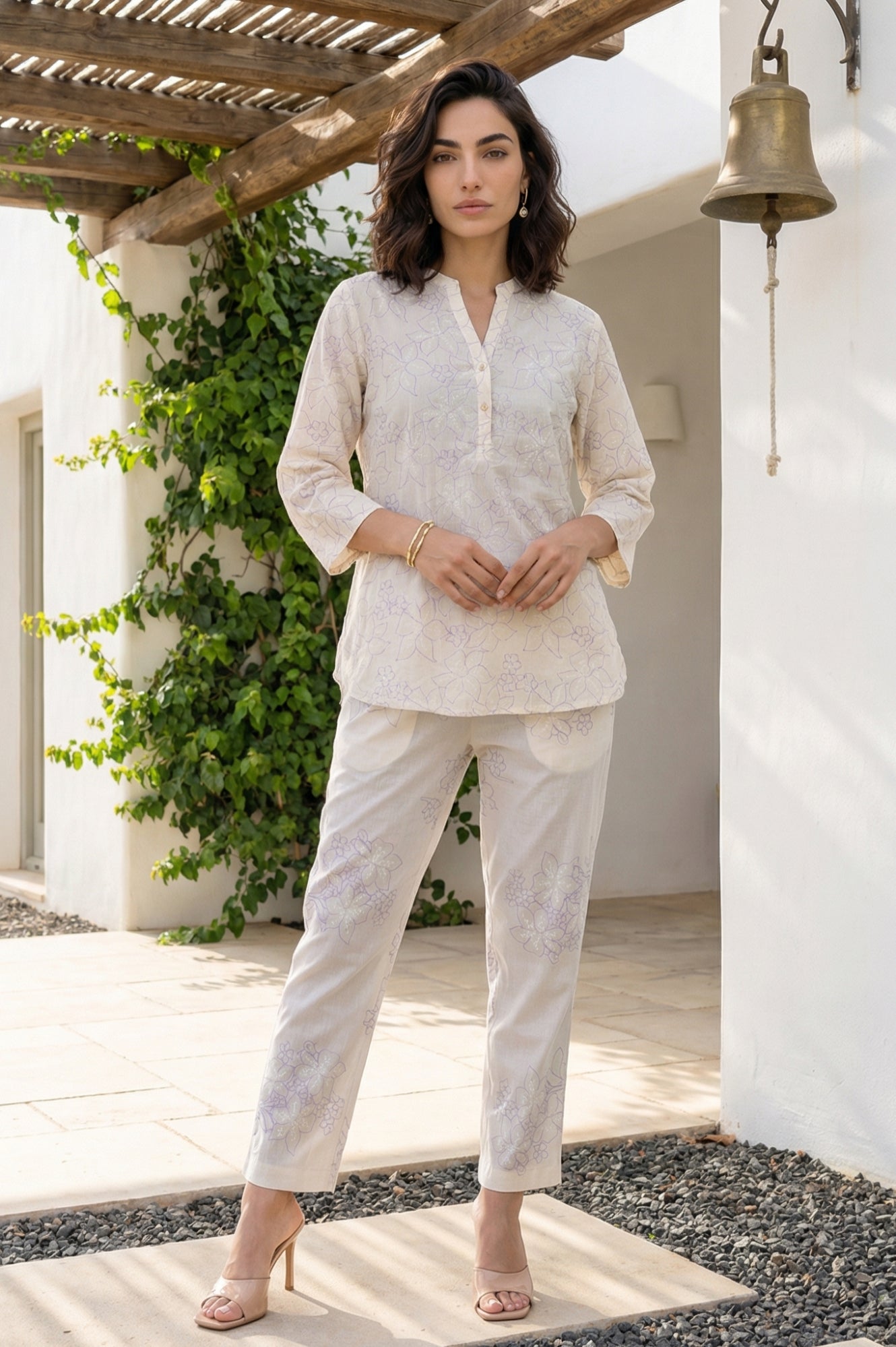 Off White Floral Printed Embroidered Pure Cotton Straight Top and Pants Co-ord Set