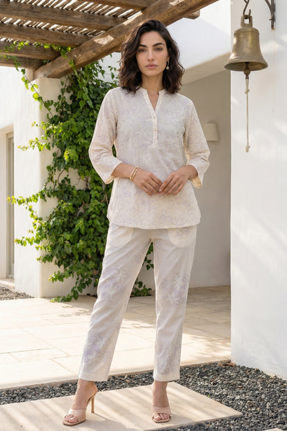 Off White Floral Printed Embroidered Pure Cotton Straight Top and Pants Co-ord Set