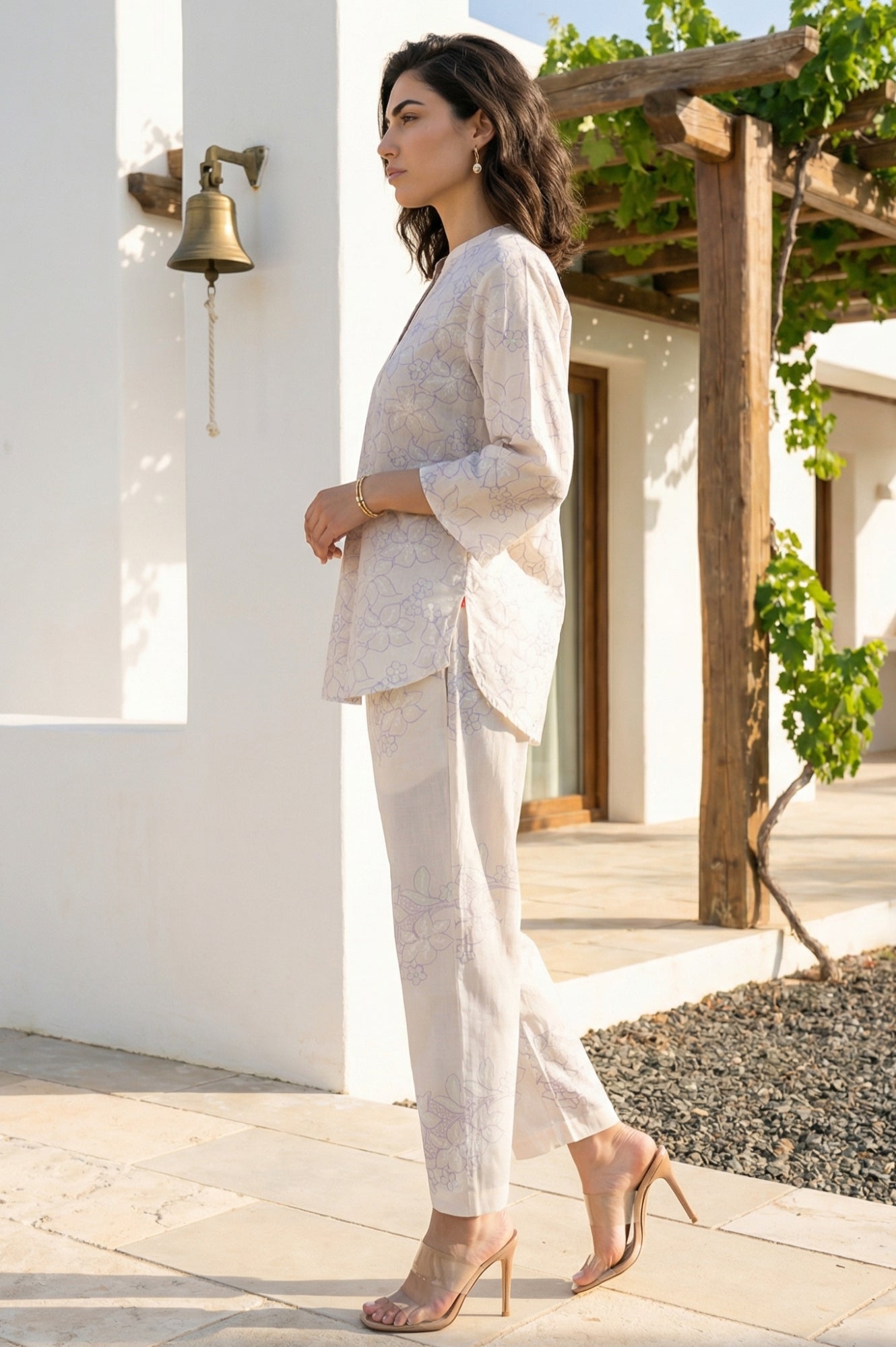 Off White Floral Printed Embroidered Pure Cotton Straight Top and Pants Co-ord Set