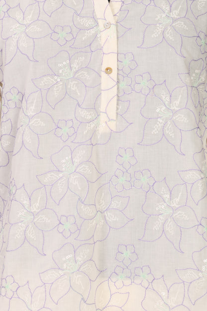 Off White Floral Printed Embroidered Pure Cotton Straight Top and Pants Co-ord Set