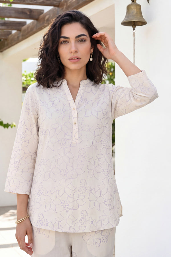 Off White Floral Printed Embroidered Pure Cotton Straight Top and Pants Co-ord Set