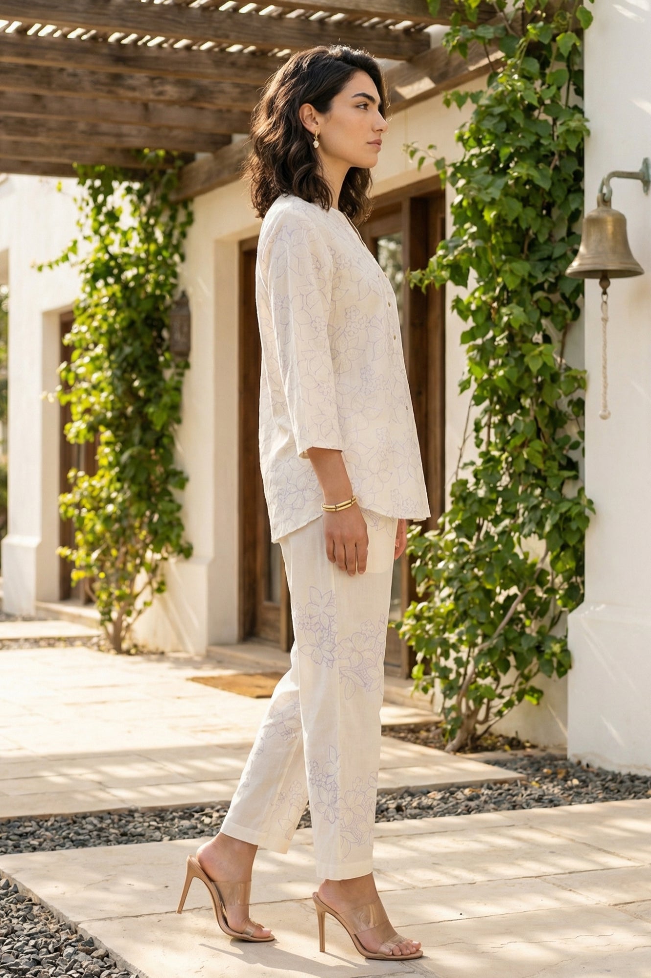 Off White Floral Printed Embroidered Pure Cotton Straight Top and Pants Co-ord Set