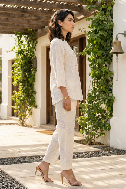 Off White Floral Printed Embroidered Pure Cotton Straight Top and Pants Co-ord Set