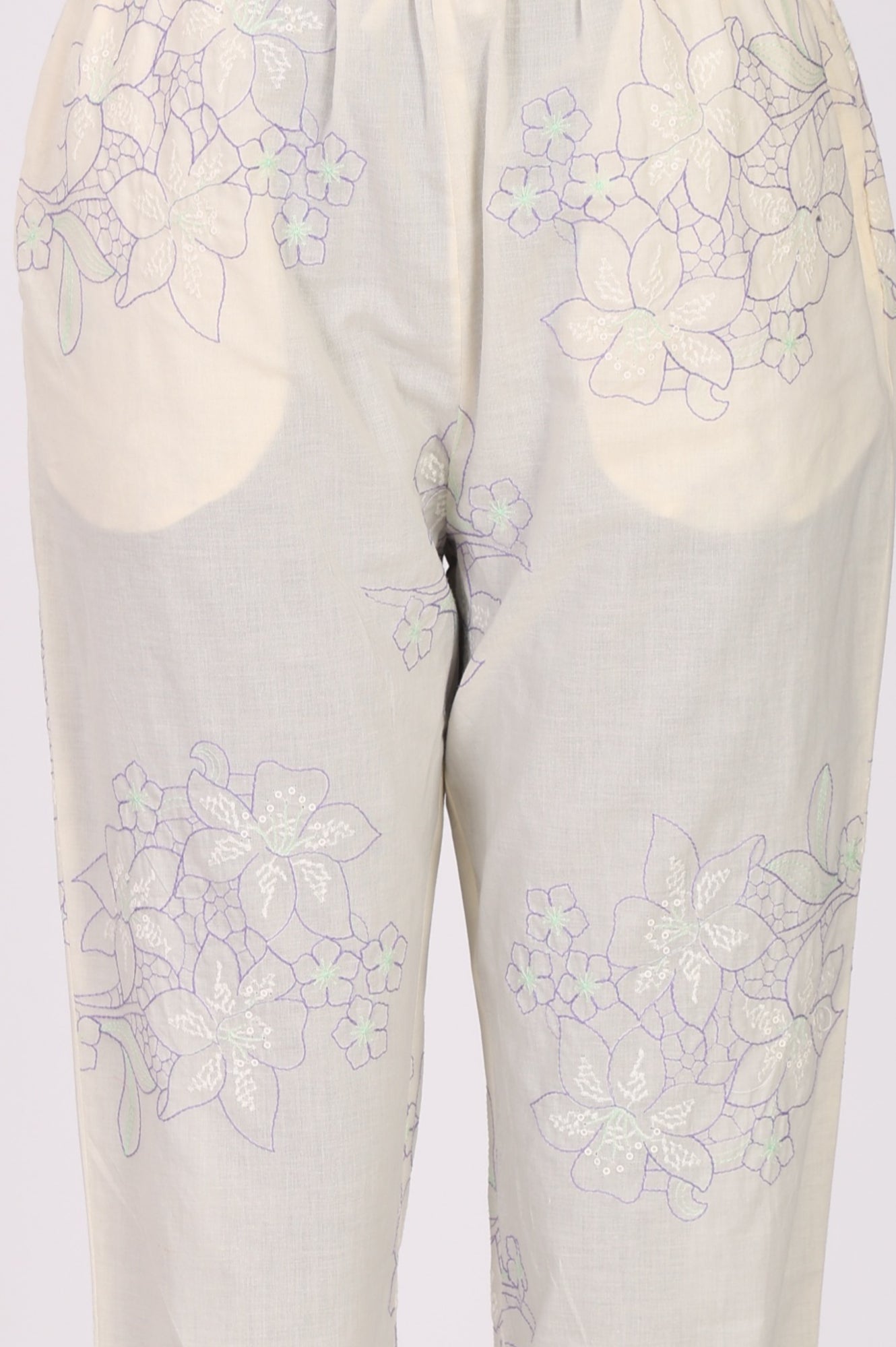 Off White Floral Printed Embroidered Pure Cotton Straight Top and Pants Co-ord Set