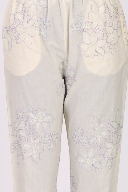 Off White Floral Printed Embroidered Pure Cotton Straight Top and Pants Co-ord Set