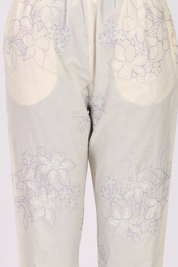 Off White Floral Printed Embroidered Pure Cotton Straight Top and Pants Co-ord Set