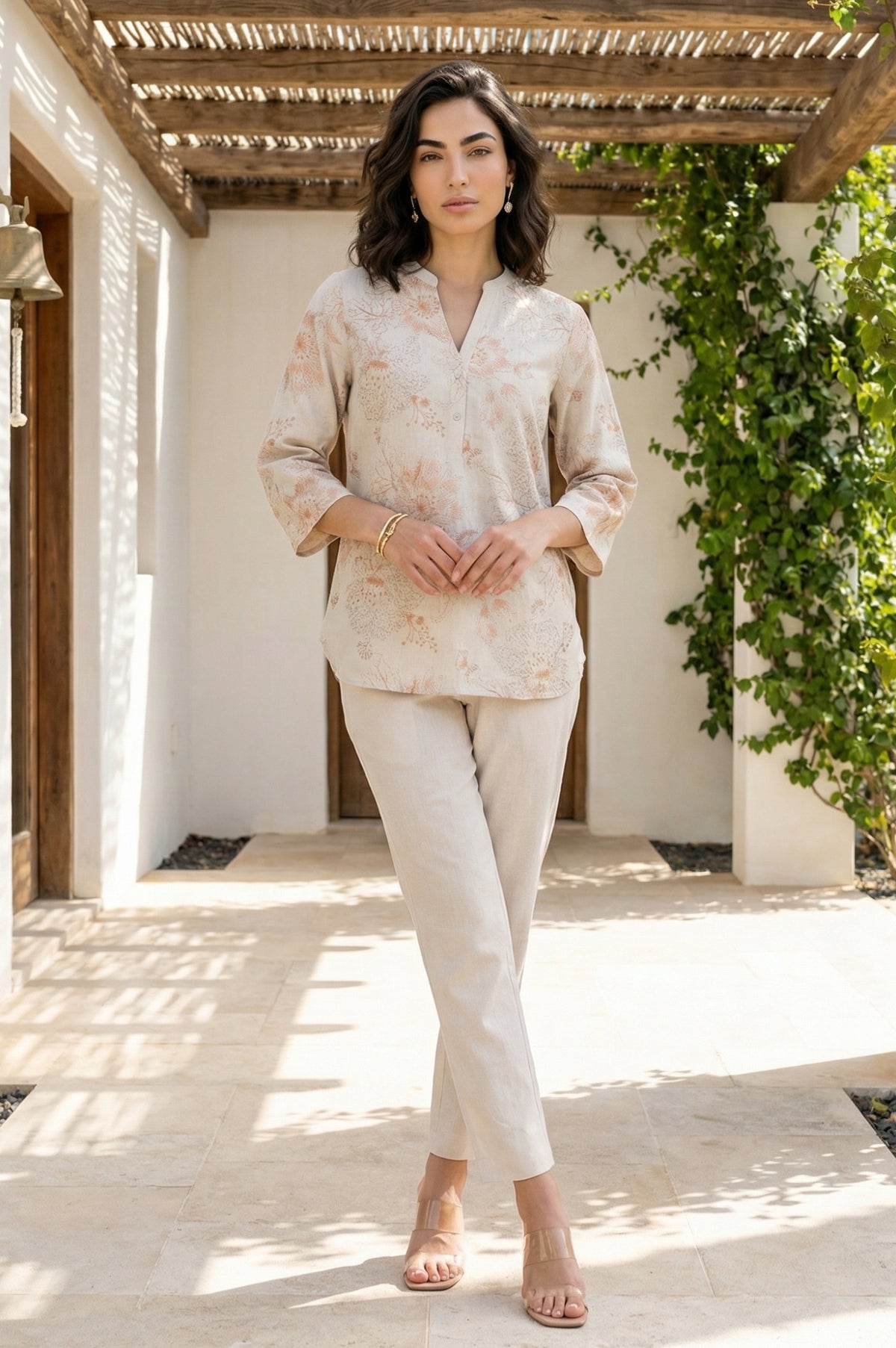 Beige Thread Embroidered Cotton Flax Straight Top and Pants Co-ord Set - XS