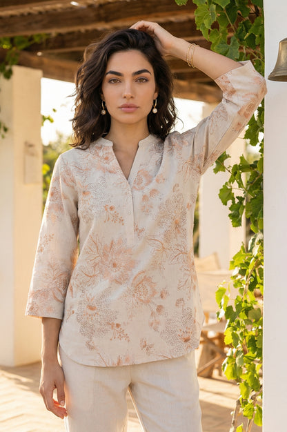 Beige Thread Embroidered Cotton Flax Straight Top and Pants Co-ord Set