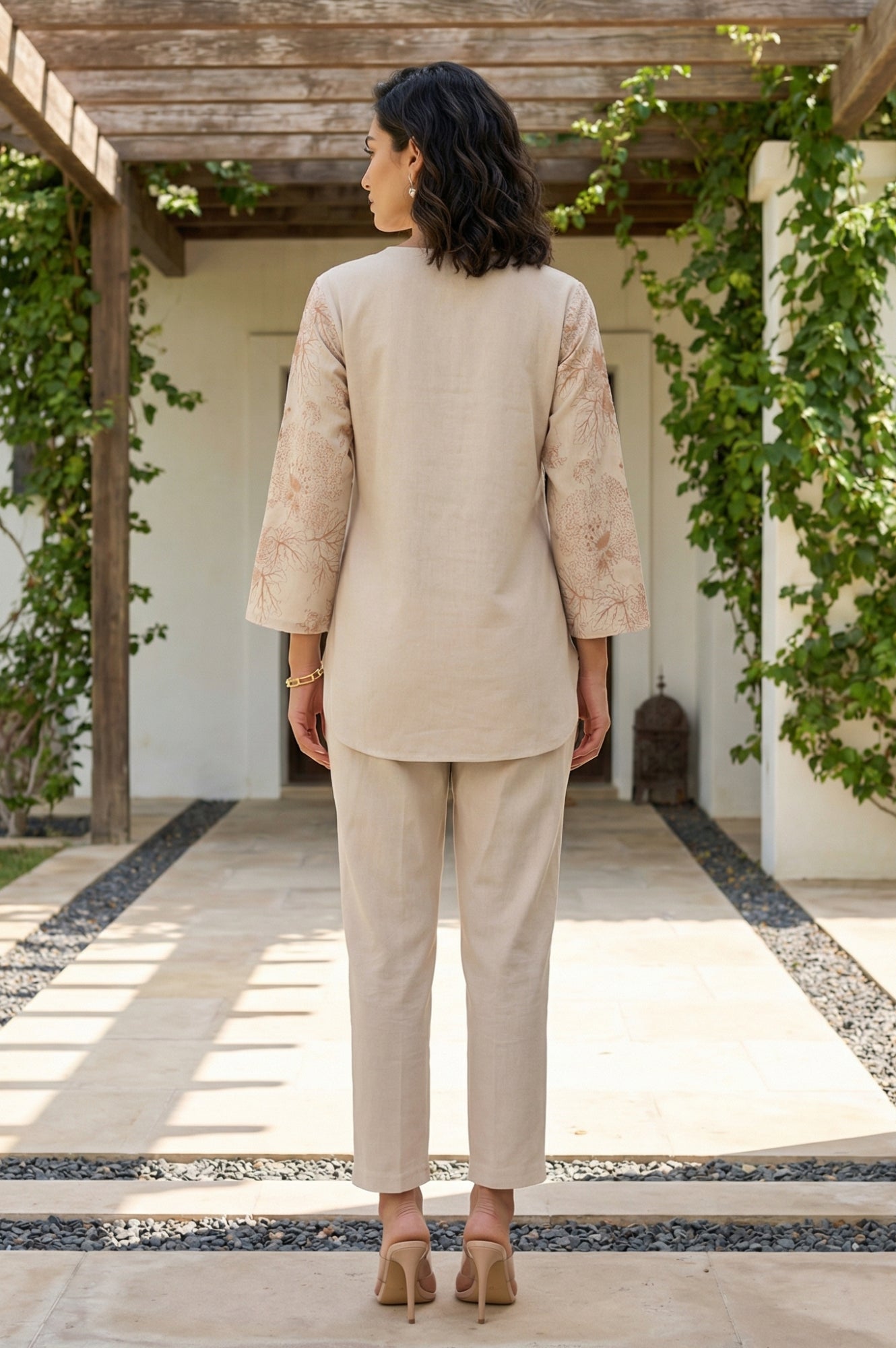 Beige Thread Embroidered Cotton Flax Straight Top and Pants Co-ord Set