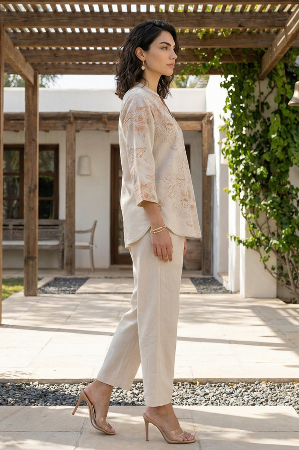 Beige Thread Embroidered Cotton Flax Straight Top and Pants Co-ord Set