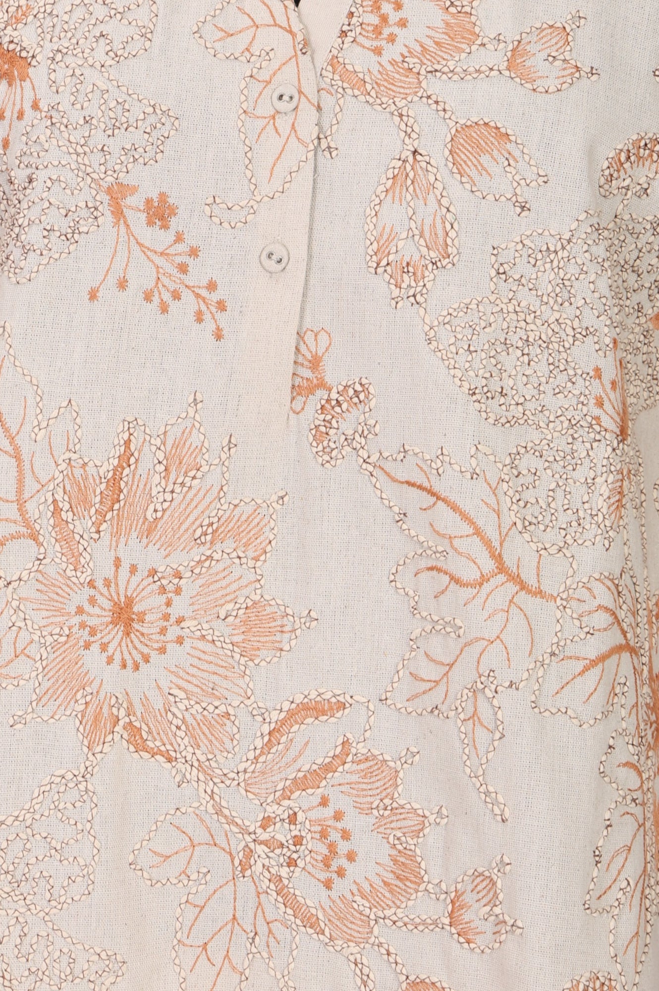 Beige Thread Embroidered Cotton Flax Straight Top and Pants Co-ord Set