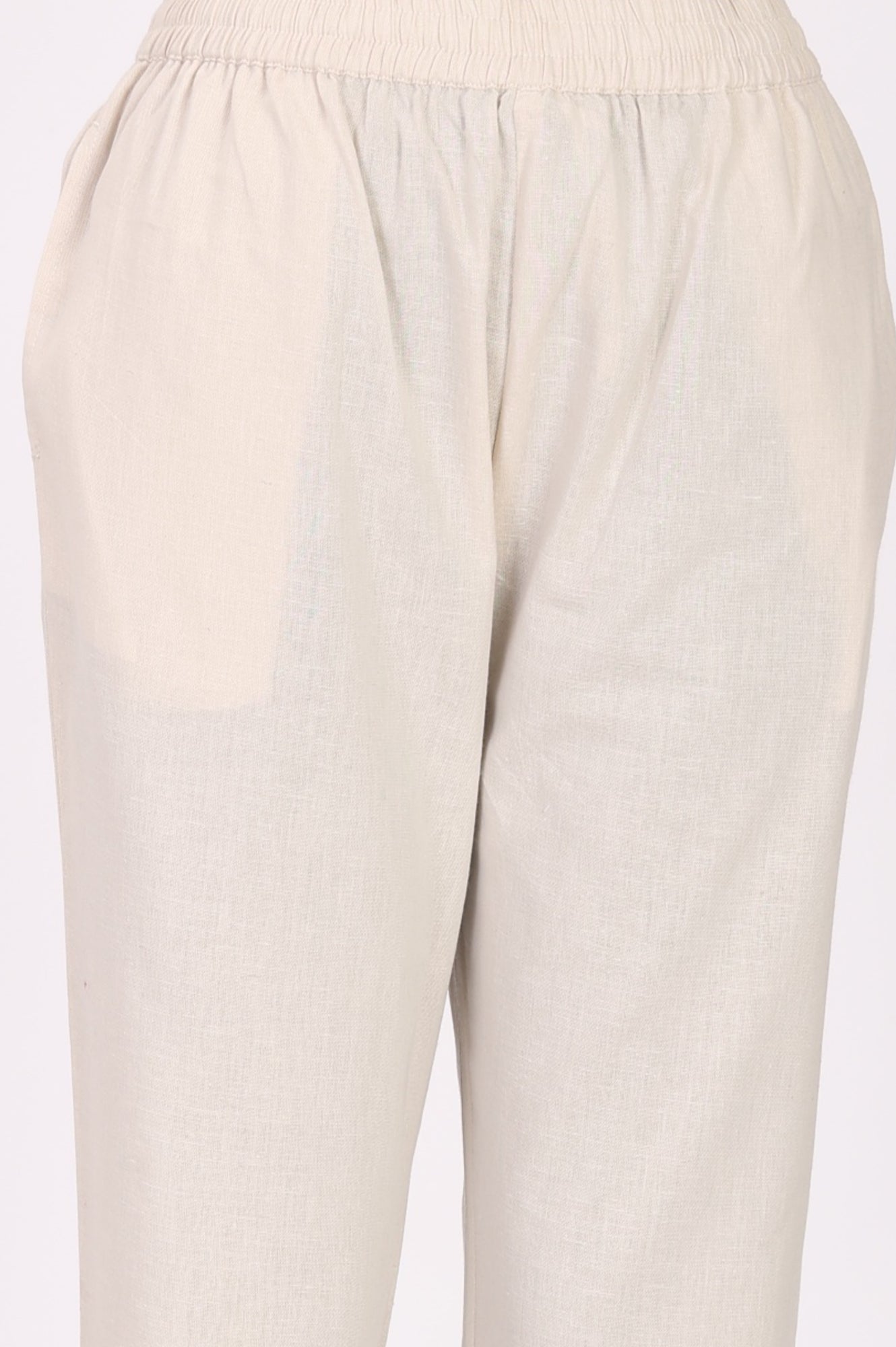 Beige Thread Embroidered Cotton Flax Straight Top and Pants Co-ord Set