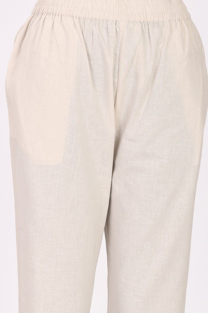 Beige Thread Embroidered Cotton Flax Straight Top and Pants Co-ord Set