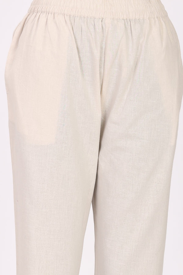 Beige Thread Embroidered Cotton Flax Straight Top and Pants Co-ord Set
