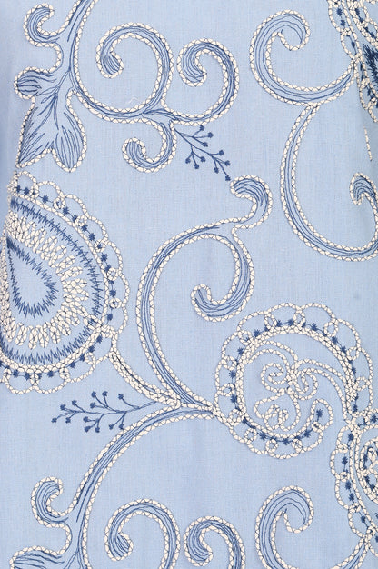 Blue Embroidered Cotton Flax Straight Kurta With Straight Pants Co-ord Set