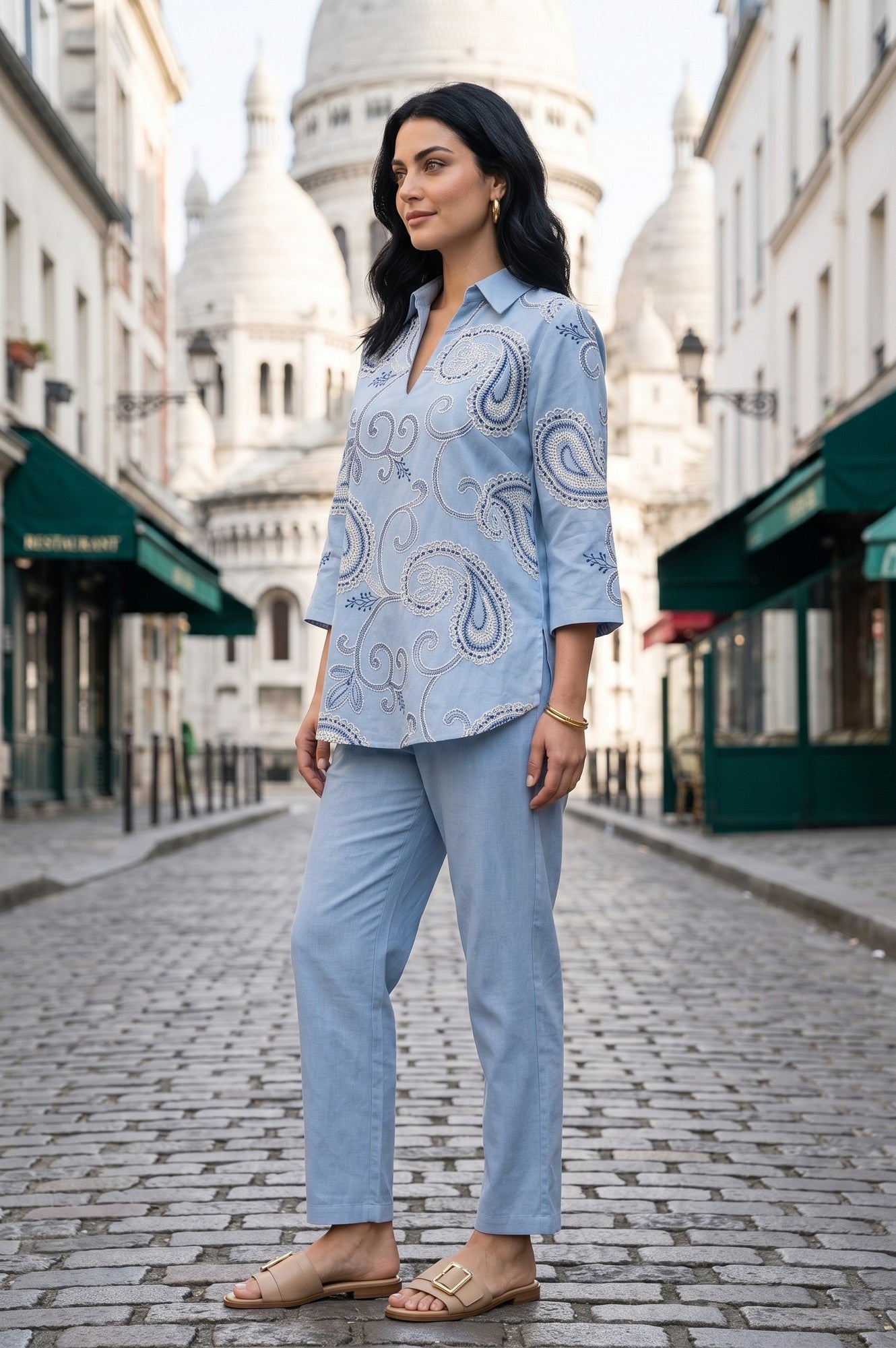 Blue Embroidered Cotton Flax Straight Kurta With Straight Pants Co-ord Set