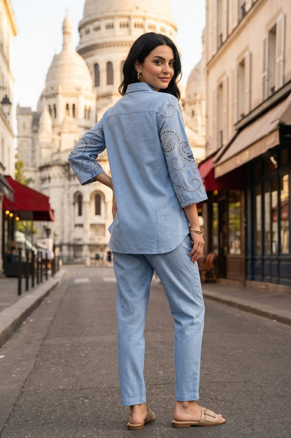 Blue Embroidered Cotton Flax Straight Kurta With Straight Pants Co-ord Set