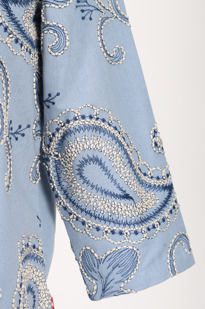 Blue Embroidered Cotton Flax Straight Kurta With Straight Pants Co-ord Set