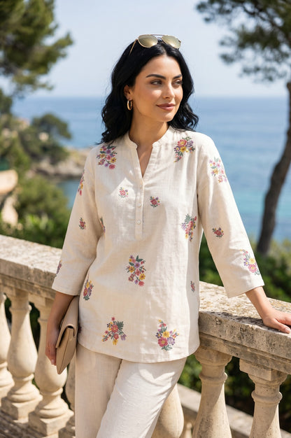 Off White Thread Embroidered Cotton Flax Straight Top With Pants Co-ord Set