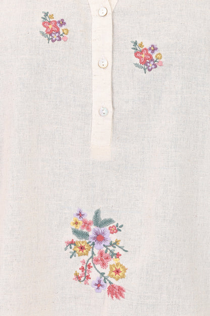 Off White Thread Embroidered Cotton Flax Straight Top With Pants Co-ord Set
