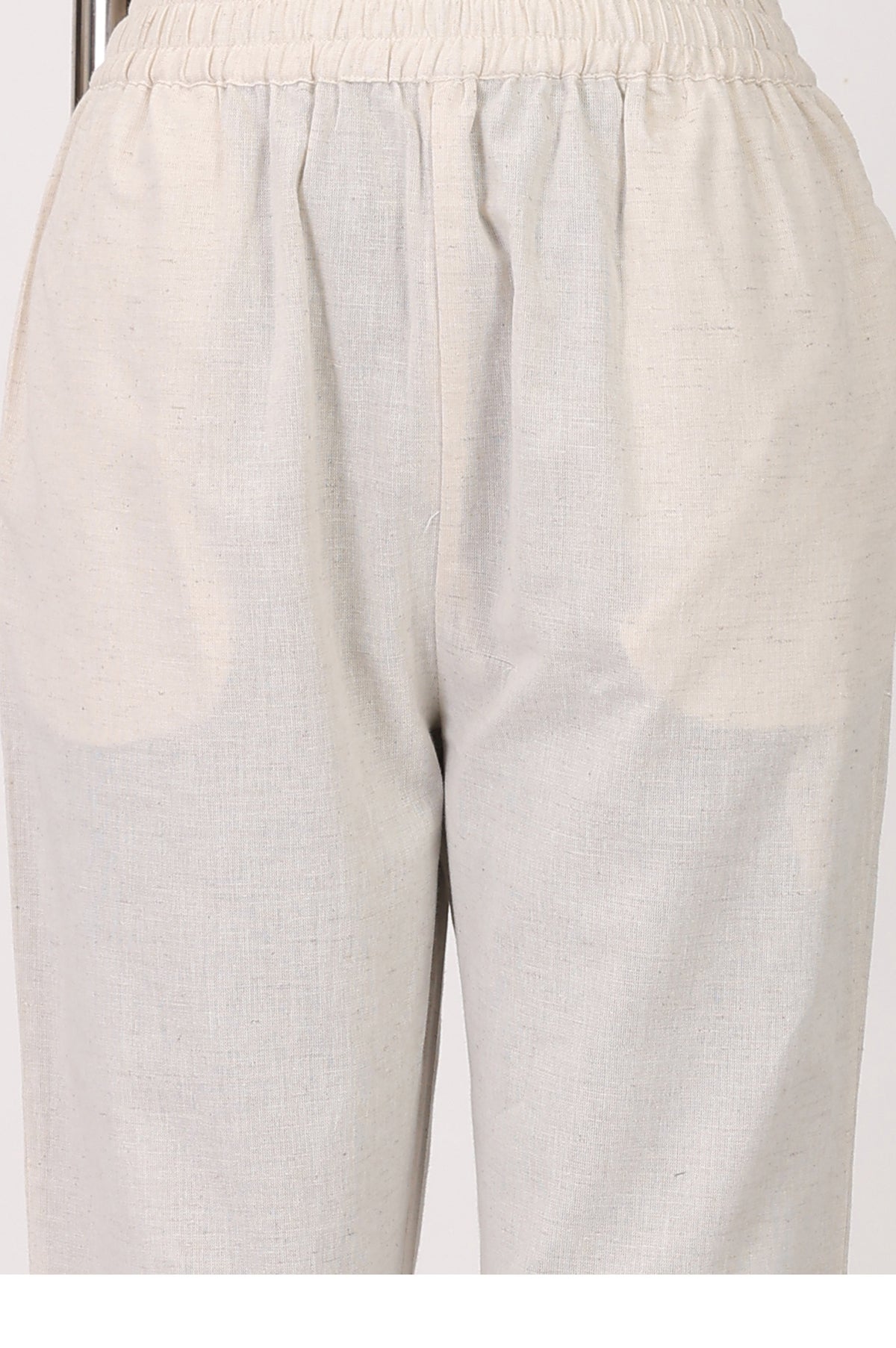 Off White Thread Embroidered Cotton Flax Straight Top With Pants Co-ord Set