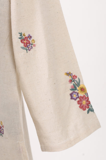 Off White Thread Embroidered Cotton Flax Straight Top With Pants Co-ord Set