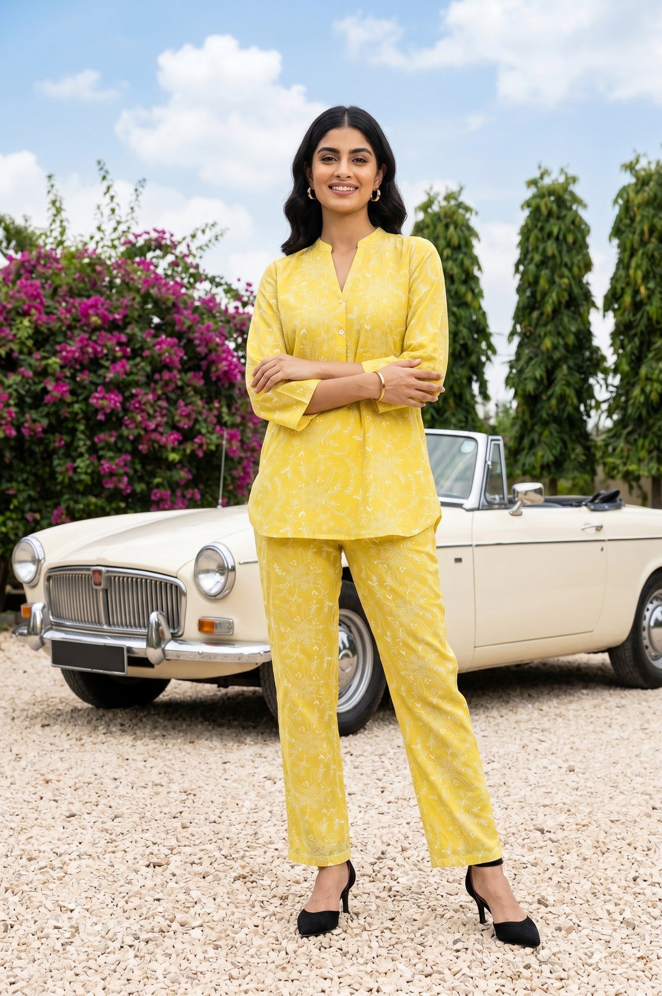 Yellow Thread Embroidered Chanderi Straight Kurta With Pants Co-ord Set