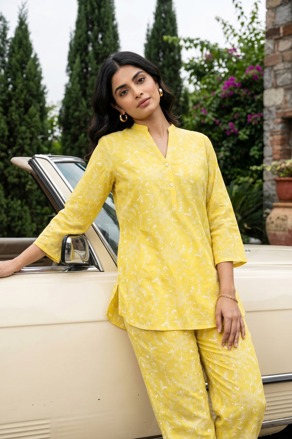 Yellow Thread Embroidered Chanderi Straight Kurta With Pants Co-ord Set