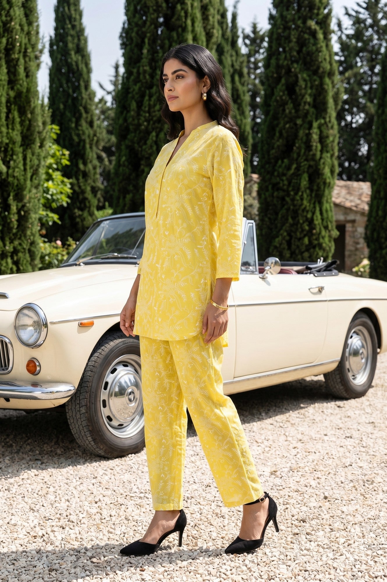 Yellow Thread Embroidered Chanderi Straight Kurta With Pants Co-ord Set