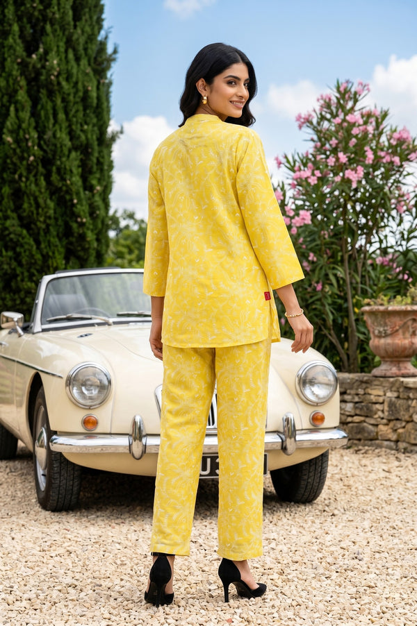 Yellow Thread Embroidered Chanderi Straight Kurta With Pants Co-ord Set