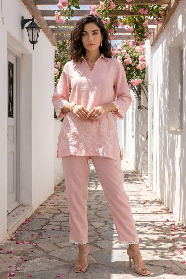 Pink Thread Embroidered Rayon Flax Straight Kurta With Pants Co-ord Set