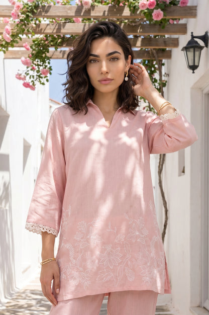 Pink Thread Embroidered Rayon Flax Straight Kurta With Pants Co-ord Set