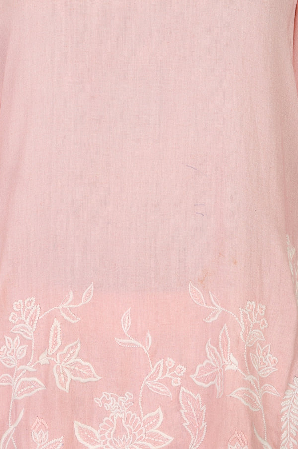 Pink Thread Embroidered Rayon Flax Straight Kurta With Pants Co-ord Set
