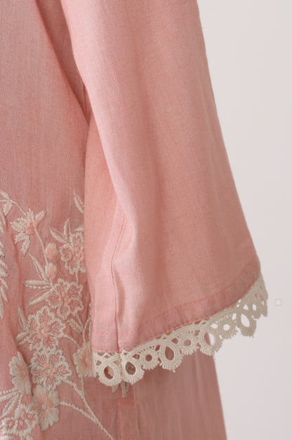 Pink Thread Embroidered Rayon Flax Straight Kurta With Pants Co-ord Set