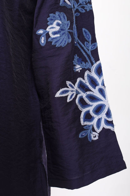 Navy Blue Thread Embroidered Straight Kurta with Pants Co-ord Set