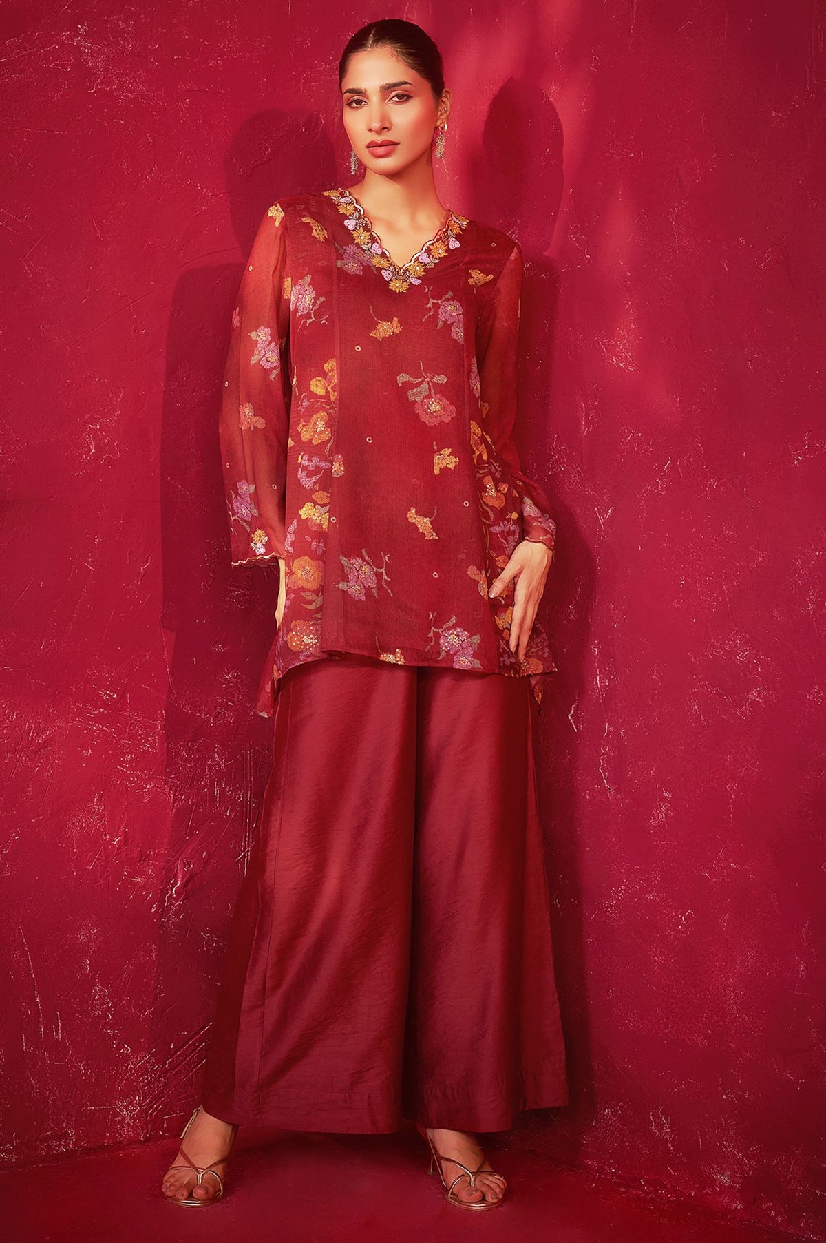 Maroon Floral Printed Silver Chiffon Top with Embroidered Neckline &amp; Parallel Pants Set