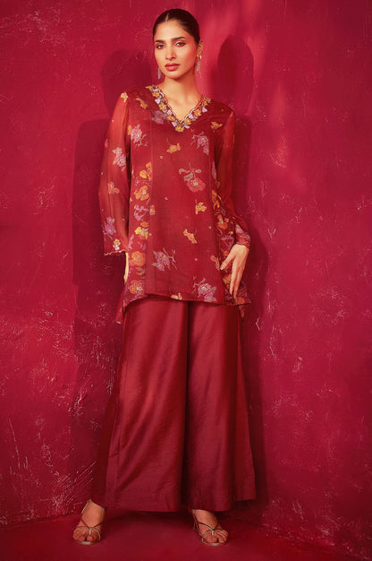 Maroon Floral Printed Silver Chiffon Top with Embroidered Neckline &amp; Parallel Pants Set