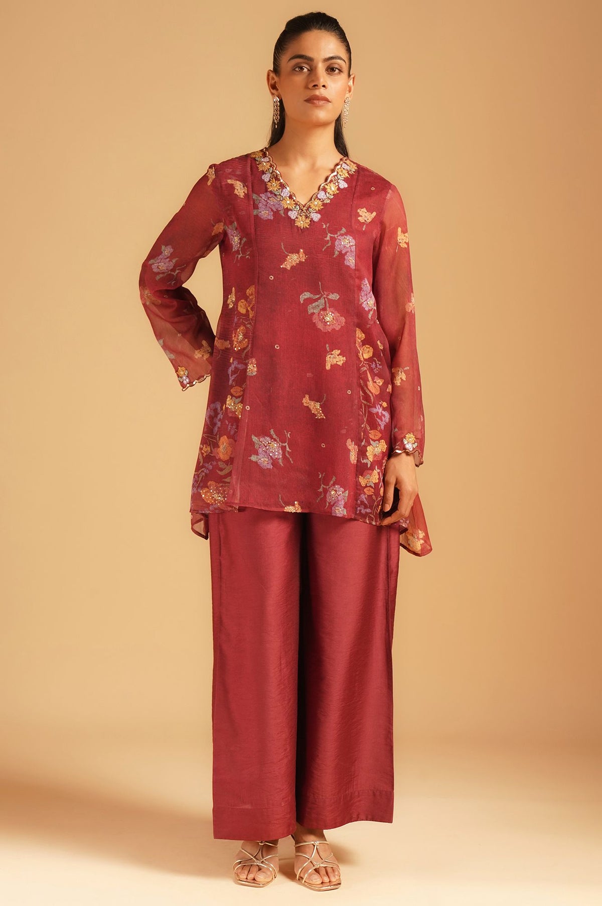 Maroon Floral Printed Silver Chiffon Top with Embroidered Neckline &amp; Parallel Pants Set