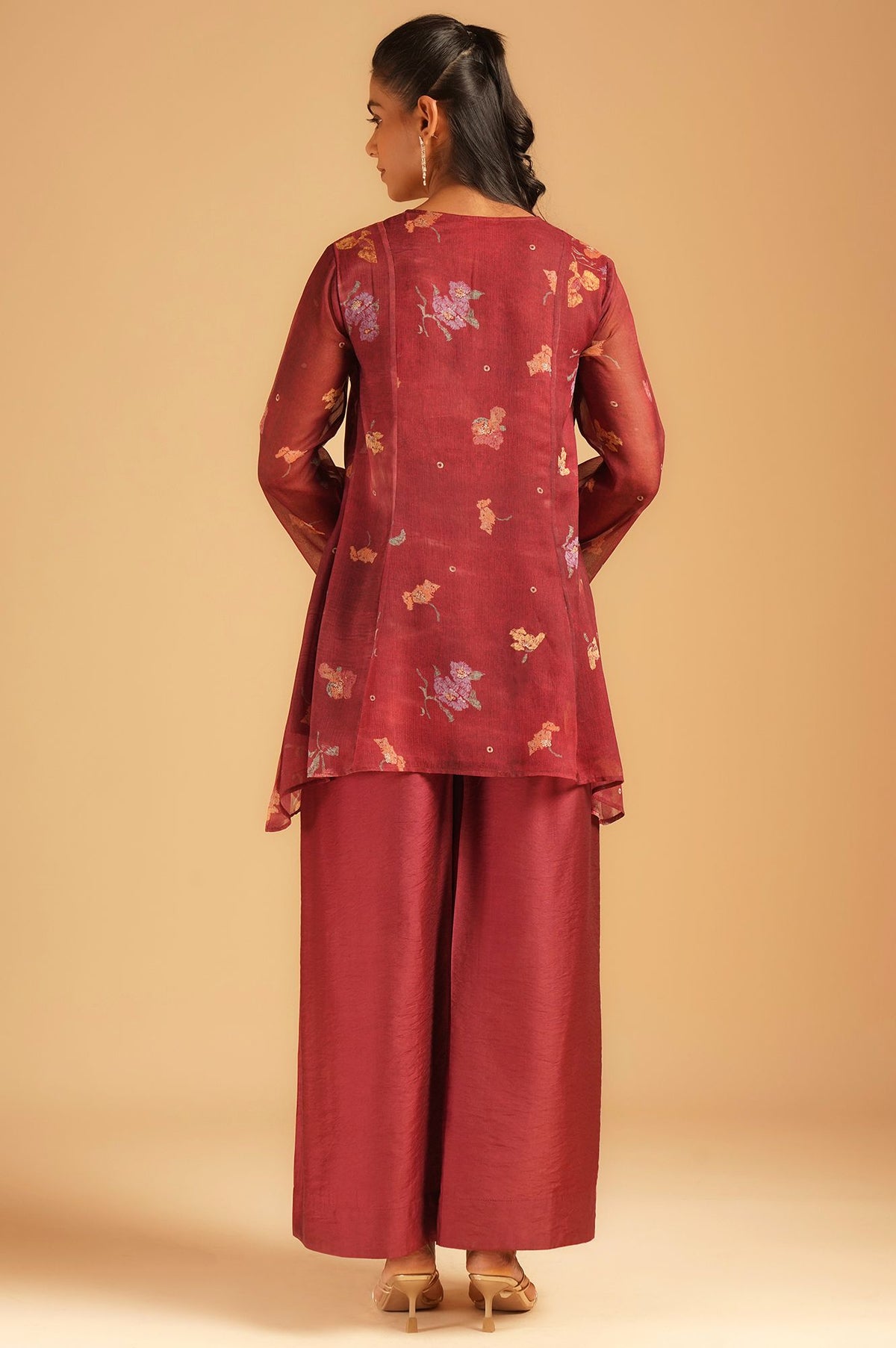 Maroon Floral Printed Silver Chiffon Top with Embroidered Neckline &amp; Parallel Pants Set