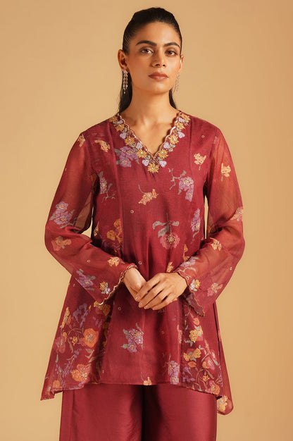 Maroon Floral Printed Silver Chiffon Top with Embroidered Neckline &amp; Parallel Pants Set