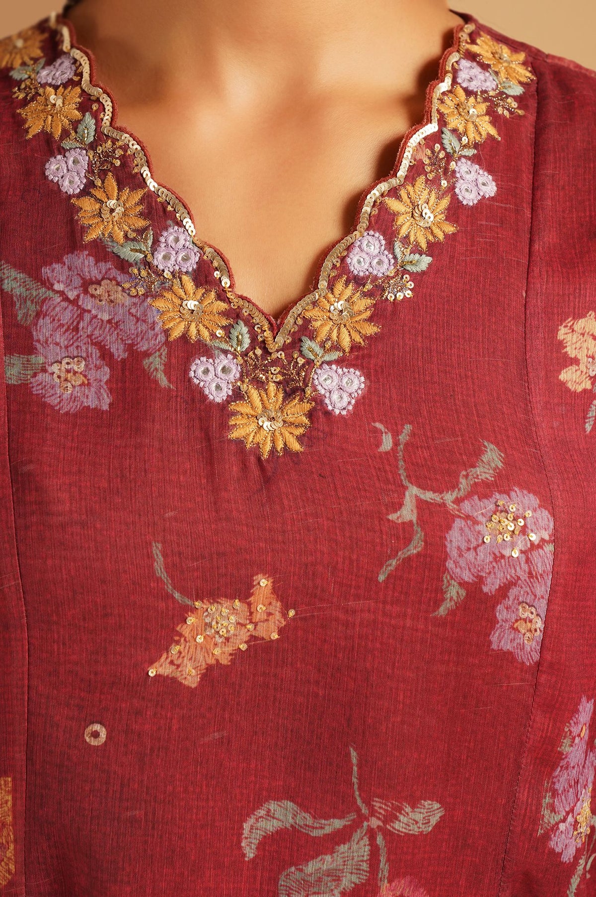 Maroon Floral Printed Silver Chiffon Top with Embroidered Neckline &amp; Parallel Pants Set