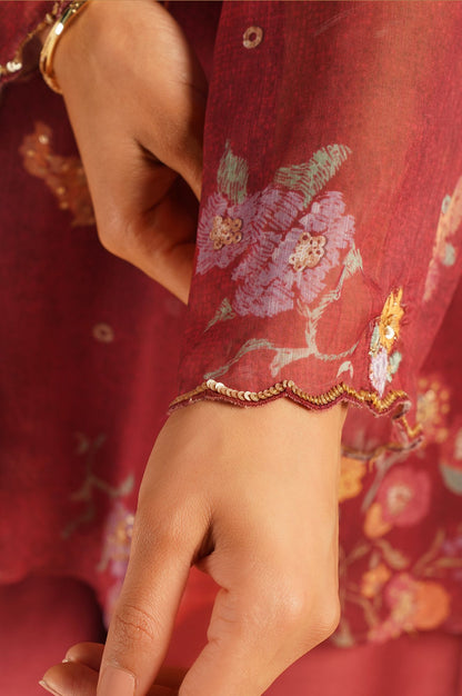 Maroon Floral Printed Silver Chiffon Top with Embroidered Neckline &amp; Parallel Pants Set