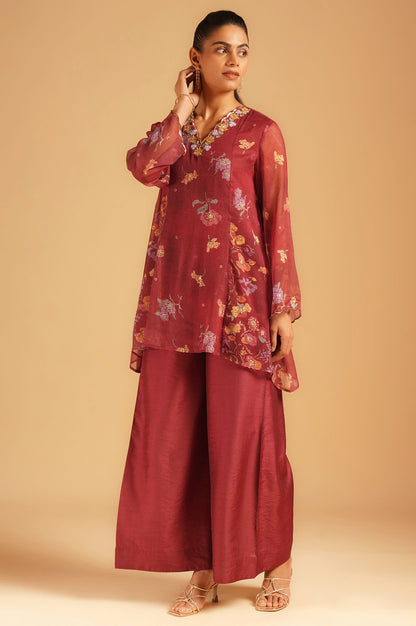 Maroon Floral Printed Silver Chiffon Top with Embroidered Neckline &amp; Parallel Pants Set