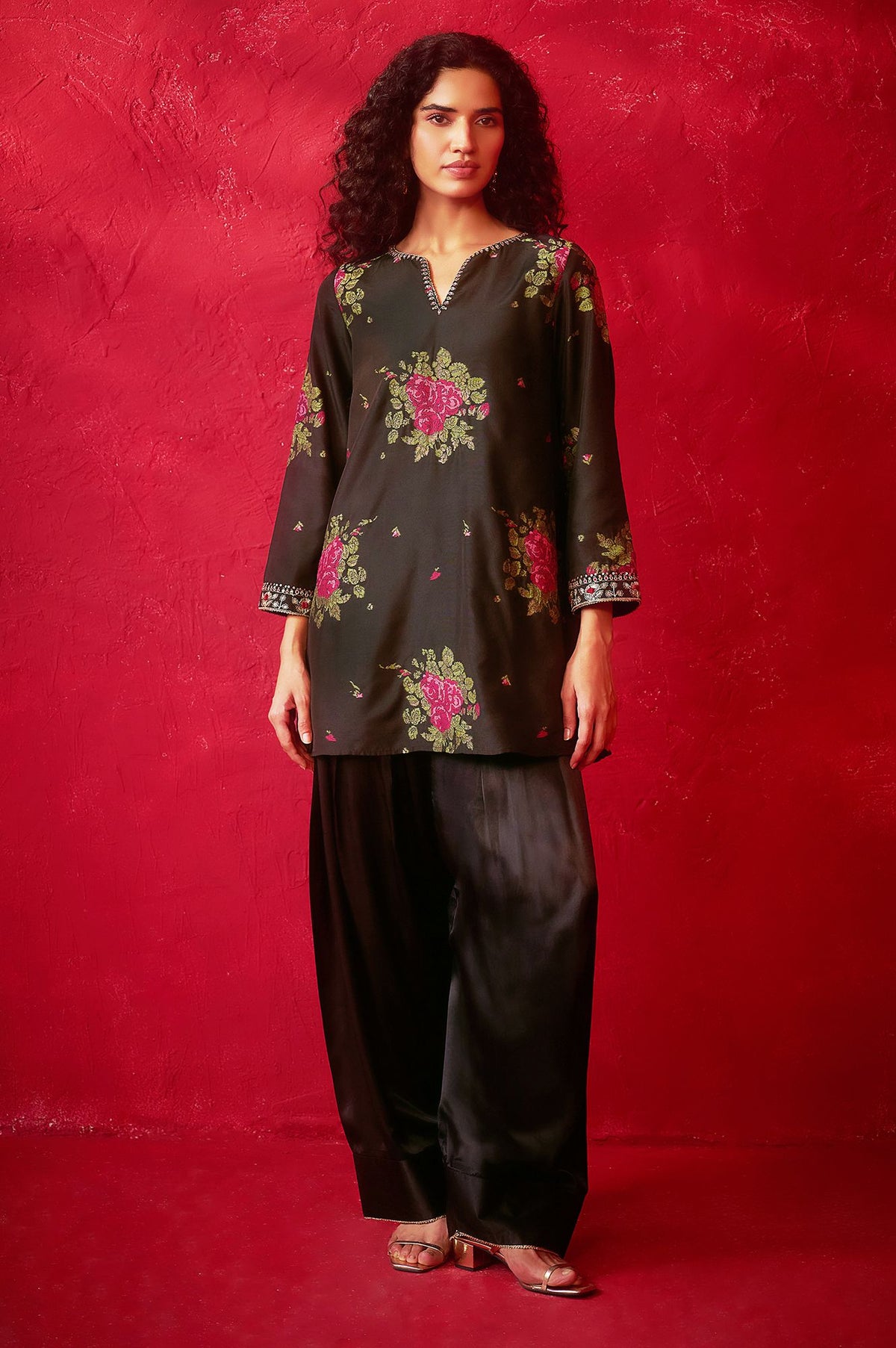 Black Jacquard Tunic with Pink Floral Motifs &amp; Farshi Salwar Set
