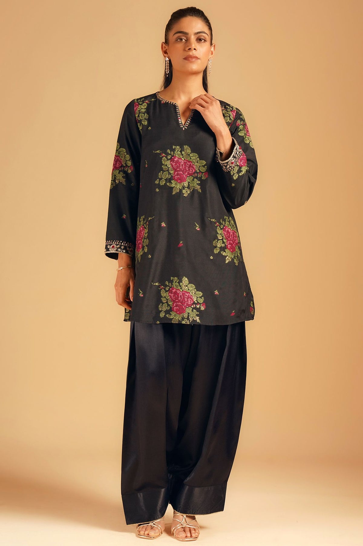 Black Jacquard Tunic with Pink Floral Motifs &amp; Farshi Salwar Set