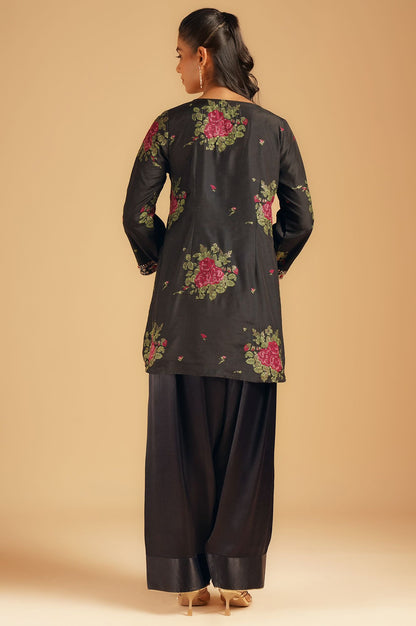 Black Jacquard Tunic with Pink Floral Motifs &amp; Farshi Salwar Set