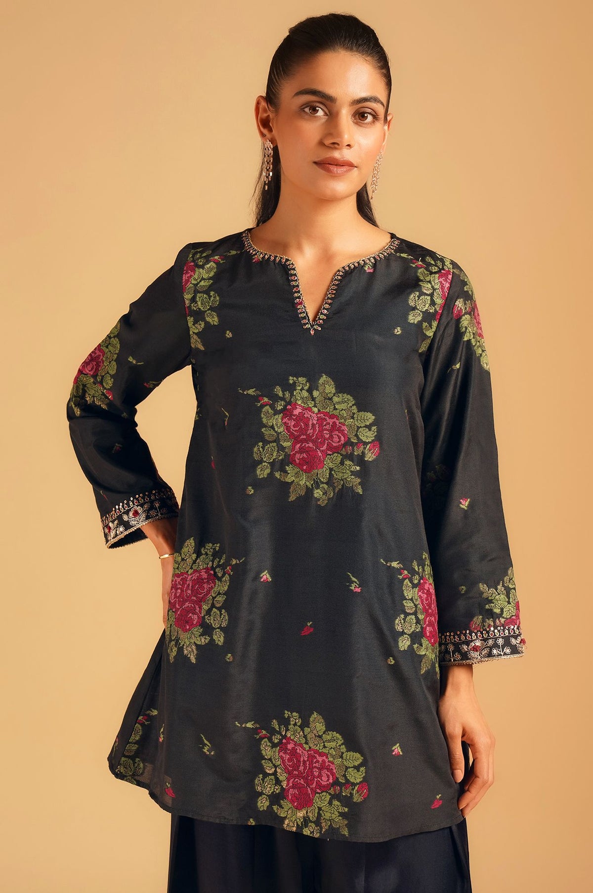 Black Jacquard Tunic with Pink Floral Motifs &amp; Farshi Salwar Set