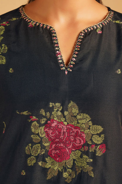 Black Jacquard Tunic with Pink Floral Motifs &amp; Farshi Salwar Set