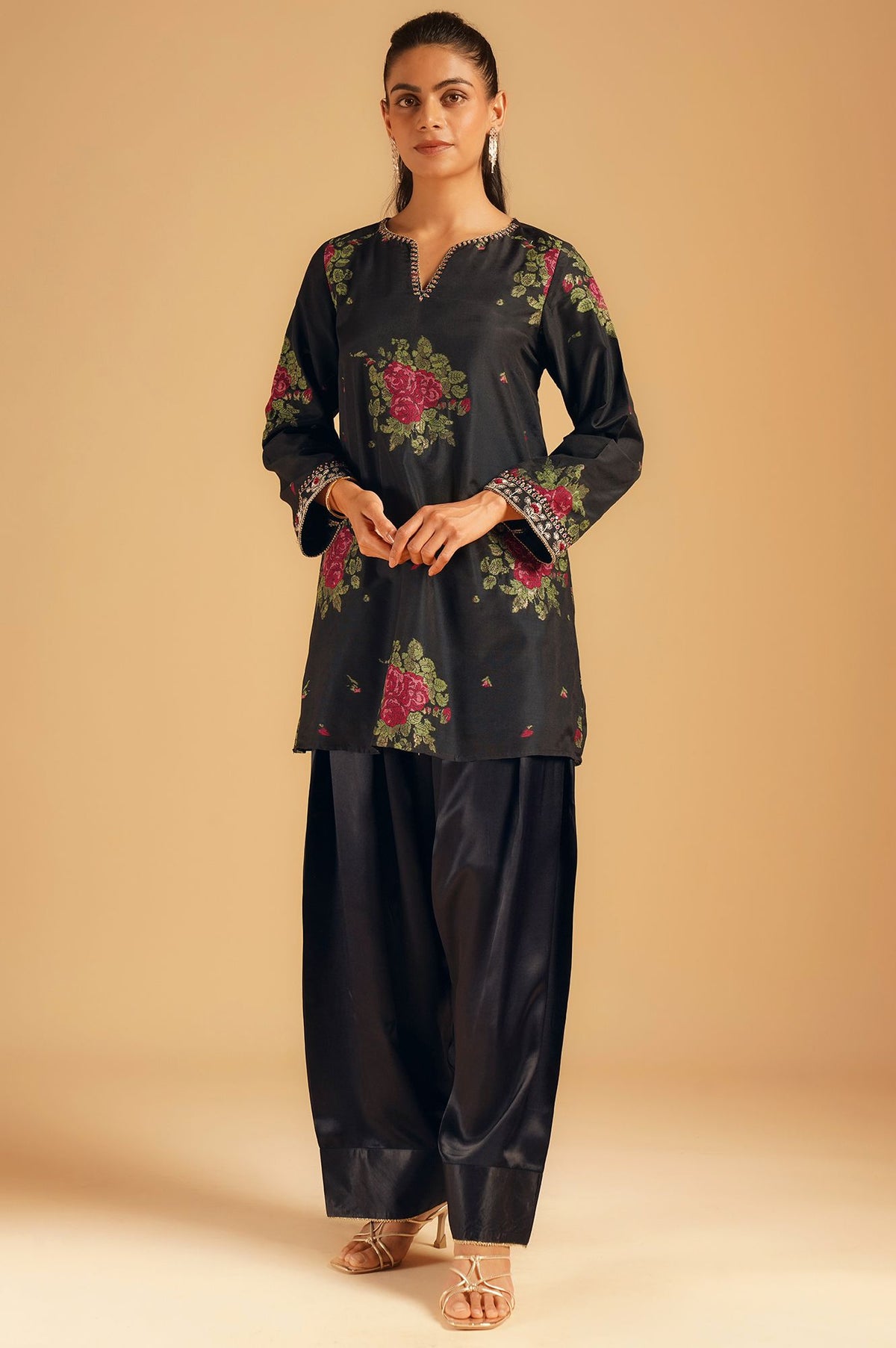 Black Jacquard Tunic with Pink Floral Motifs &amp; Farshi Salwar Set
